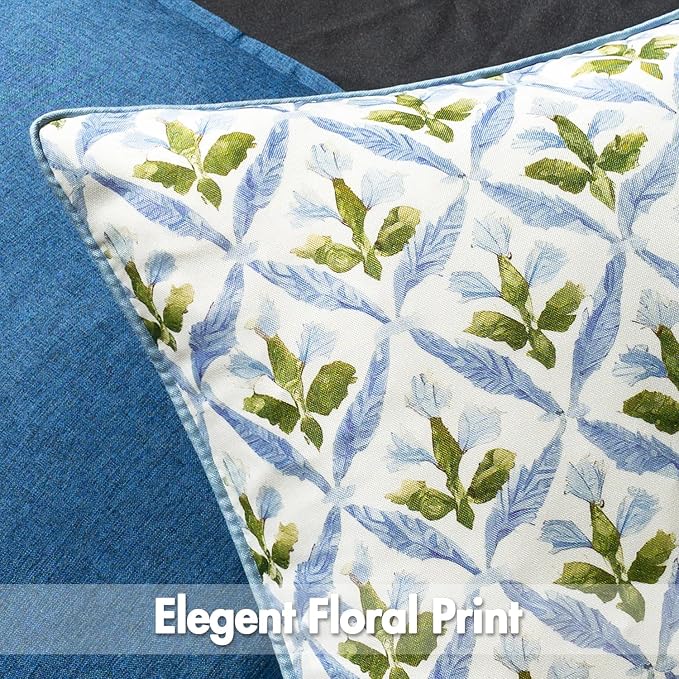 MIULEE Outdoor Floral Pillow Covers Waterproof 18x18 Blue-Green | Decorative Block Print,Boho Farmhouse, Set of 2 Coastal Summer Cushion Covers with Piping,Garden Patio Furniture Porch Couch