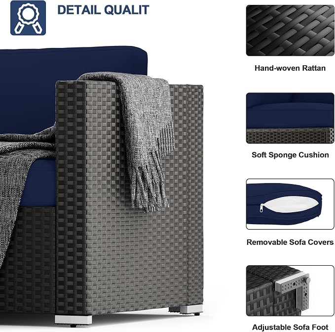 SUNCROWN 7-Piece Outdoor Patio Furniture Sofa Set All-Weather Black Wicker Sectional Cushioned Washable Seat Conversation Set with Modern Glass Coffee Table and Cushions, Backyard, Garden, Dark Blue