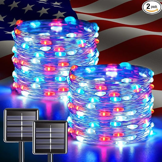 JMEXSUSS 2 Pack Solar Fairy Lights, Each 100 LED 33FT, Red White and Blue | Outdoor Waterproof, 4th of July Solar String Lights for Independence Day Outside Patio Yard Garden Decorations