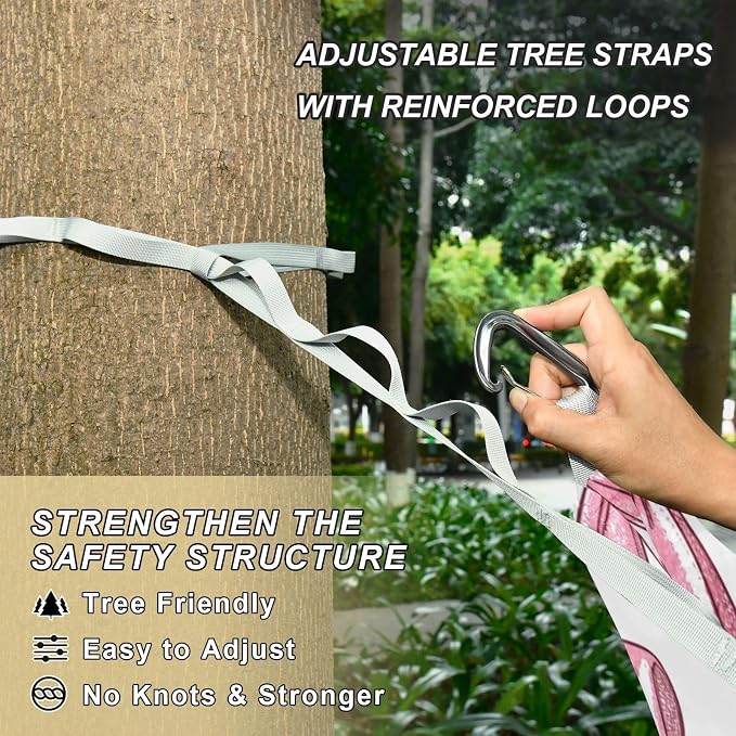 Bow Pink Camping Hammock, Portable Lightweight Single Hammock with Tree Straps and Aluminum Carabiners, 114" x 54" Travel Hammock for Hiking Backpacking Beach