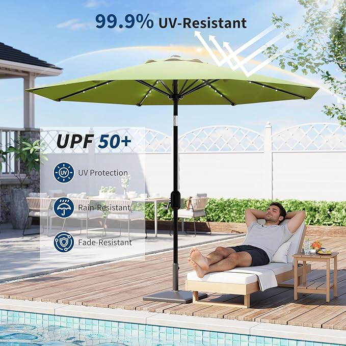 Garvee 9 FT Patio Umbrella with Solar Lights, Outdoor Table Umbrella with 8 Durable Ribs, Tilt & Crank Mechanism, Waterproof & UV Protection for Garden, Backyard, Poolside, Green