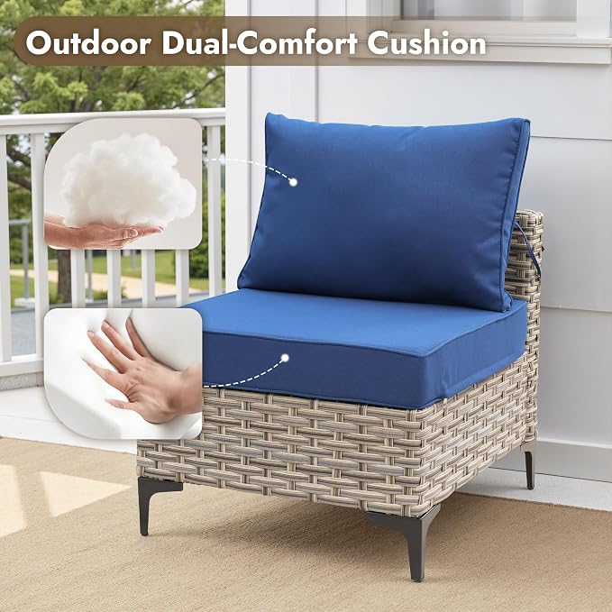 8 Pieces Patio Furniture Set with 42" Fire Pit, All-Weather Rattan Outdoor Sectional Conversation Sets L Shaped Sofas with Solar Light Coffee Table for Porch Balcony Backyard Navy Blue
