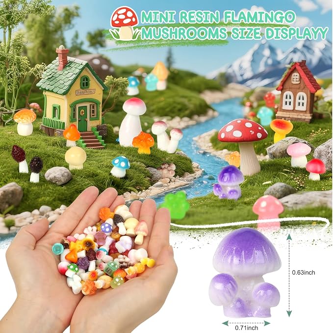 100pcs Mini Mushrooms Tiny Resin Mushrooms Miniature Little Small Mushroom Figures Bulk for for Micro Fairy Garden Landscape Aquarium Accessories Dollhouse Hide Crafts Decor
