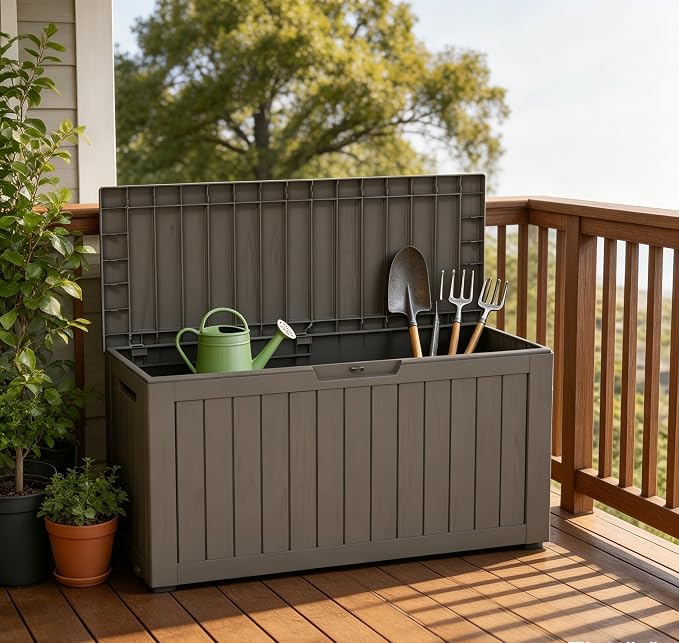 LAUSAINT HOME 260 Gallon Resin Deck Box, Outdoor Toy Storage Box, Package Delivery Box with Lockable Lid, Waterproof Outdoor Storage Box For Garden Tools, Patio Cushions(260 Gallon,Grey)