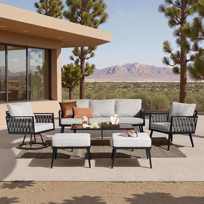 Weaxty Modern Patio Furniture Set 6 Piece, Rope Outdoor Patio Conversation Sets Sectional Sofa Swivel Chairs Table Ottoman, All Weather Metal Balcony Furniture for Backyard Garden, Grey