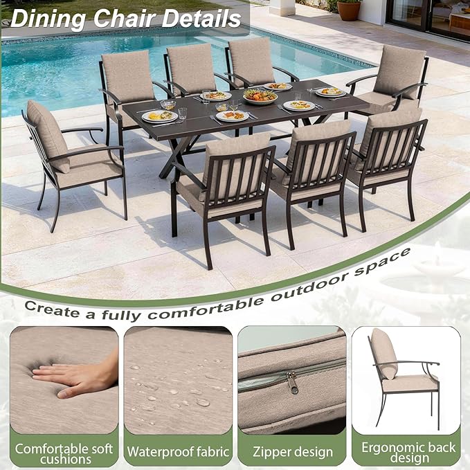 10 Pieces Patio Dining Set,Metal Outdoor Furniture Set Includes 13.6FT Grey Umbrella,Hole Cut-Out 78.7" x 35.4" Table and 8 Metal Backrest Chairs for Backyard,Garden,Sand