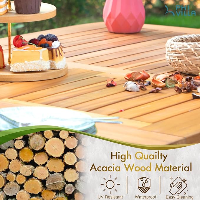 PHI VILLA 9 Pieces Acacia Wood Patio Dining Set for 8, Expandable Teak Dining Table & Wooden Chairs with Cushions, Farmhouse Dining Furniture Set for Outdoor Deck, Yard, Porch