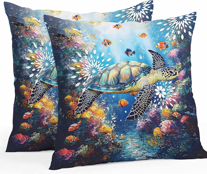 Turtle Waterproof Outdoor Pillow Covers Set of 2 Home Decor, Ocean Fish Coral Underwater World Cartoon Pillowcase Patio Pillow Covers for Couch Bench Furniture Garden 20x20in