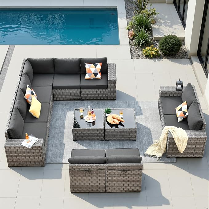 12 Pieces Patio Furniture Set, Wicker Outdoor Sectional Sofa with Coffee Table Comfy Cushions, Modern Modular Deep Seat Rattan Couch Conversation Set for Backyard Porch Yard,Black
