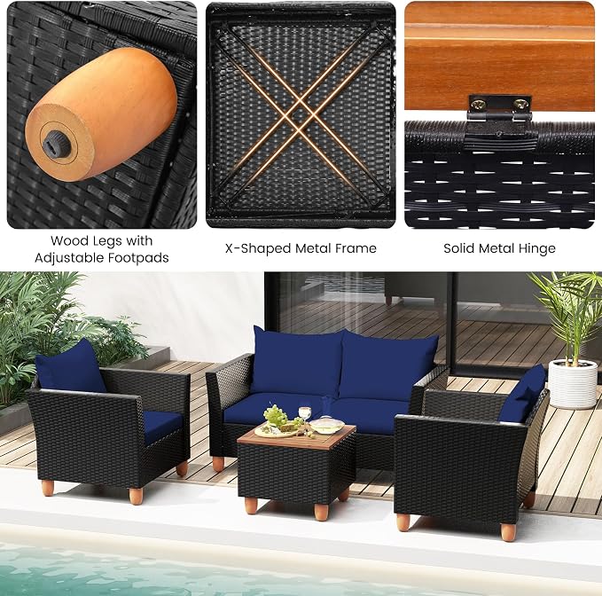 Tangkula 8 Piece Outdoor Conversation Set, Patio Cushioned Chairs w/Storage Coffee Table, Acacia Wood Tabletop & Chair Legs, Patio Wicker Furniture Set for Poolside, Lawn, Porch (2, Navy)