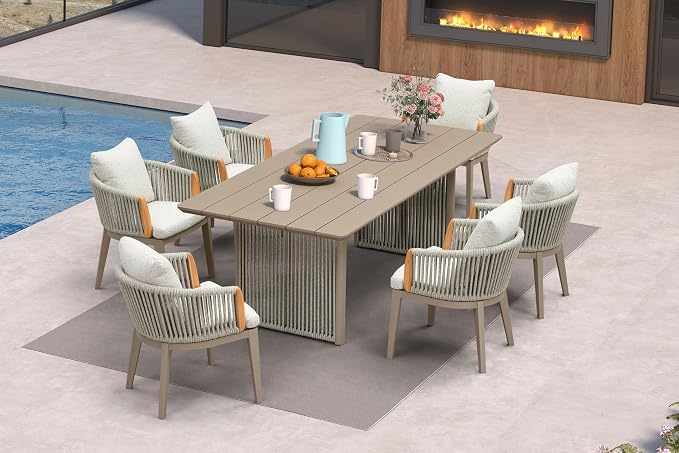 PURPLE LEAF 7 Pieces Outdoor Dining Set for 6, Aluminum Outdoor Patio Table and Chairs Set with Olefin Cushions, All-Weather Patio Dining Set for Garden or Deck, Beige
