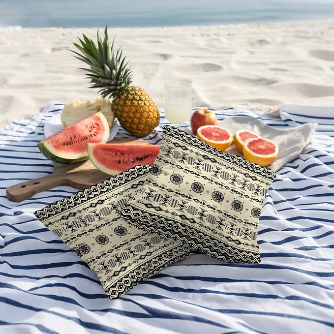 Black Khaki Boho Outdoor Pillow Covers 18x18 Inch Throw Pillow Covers Set of 2 Waterproof Decorative Pillow Cases Vintage Ethnic Tribe Abstract Art Retro Cushion Covers for Patio Furniture Garden
