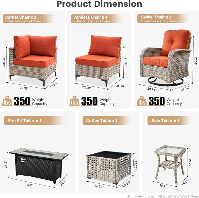 Outdoor Patio Furniture Sets,11 PCS Patio Conversation Set Outside Rattan Sectional Sofa with 54 in Fire Pit Table Wicker Rocking Chair Coffee Table Fit Backyard Porch Garden Poolside Balcony