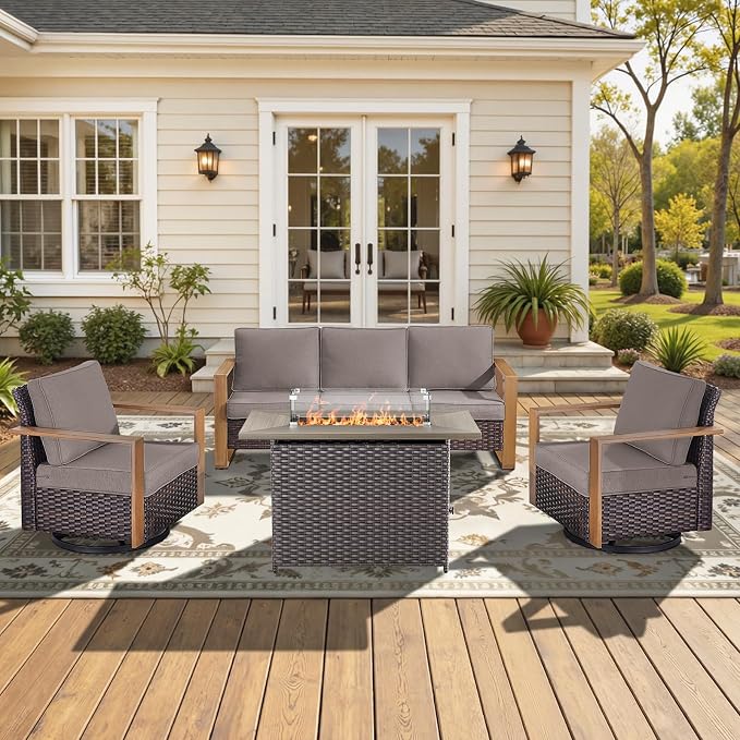 High Back Patio Furniture Set with Fire Pit Table, 4-Pieces Outdoor Furniture with Metal Arm Swivel Chairs, Wicker Conversation Set for Porch, Balcony, Deck and Yard, Grey