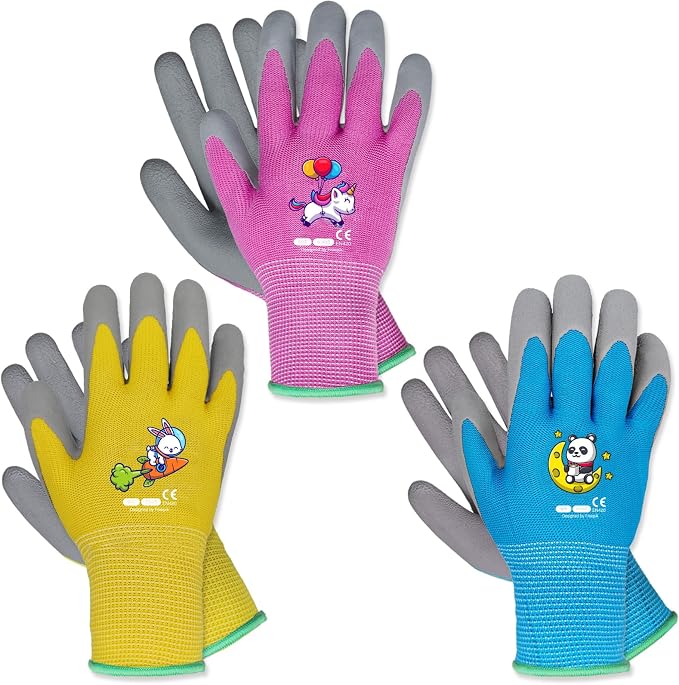 Kids Gardening Gloves, Latex Coated Toddler Yard Gloves, 3 Pairs (3-5 YRS) | Perfect fit for tiny hands, cute washable latex palm protects wrists from dirt, durable for garden play & outdoor tasks.