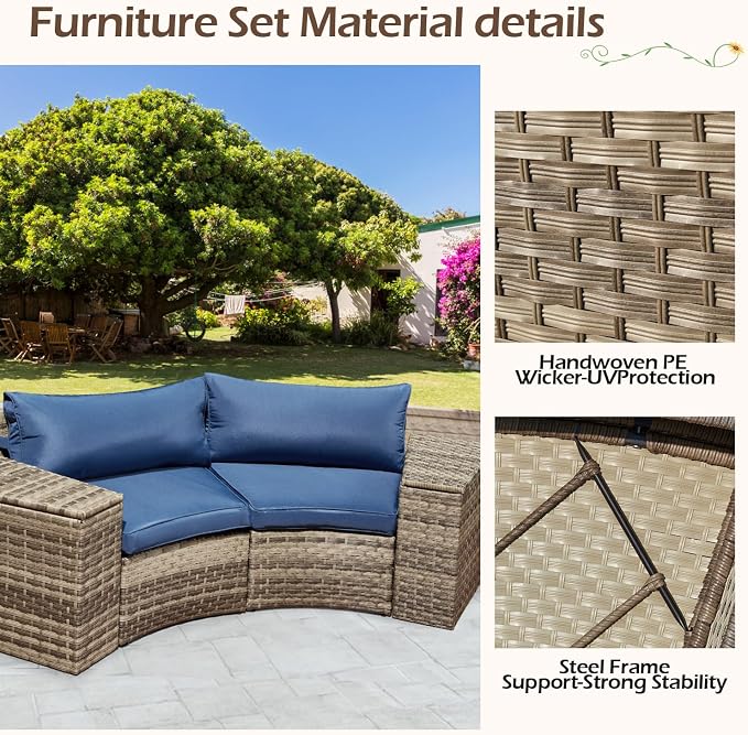 ECOTOUGE Patio Furniture Set, 4 Piece Half-Moon Sectional Round Patio Furniture Set, Wicker Cushion Sofa with 2 Storage Side Table for Pool Backyard Patio Garden(Blue)