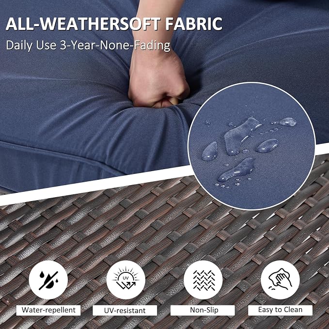 ANJ 3 Piece Outdoor Wicker Patio Furniture Set, Modular Loveseat Sofa with with Glass Top Coffee Table, All-Weather Rattan Conversation Couch Set for Balcony, Backyard, Dark Brown Wicker-Blue