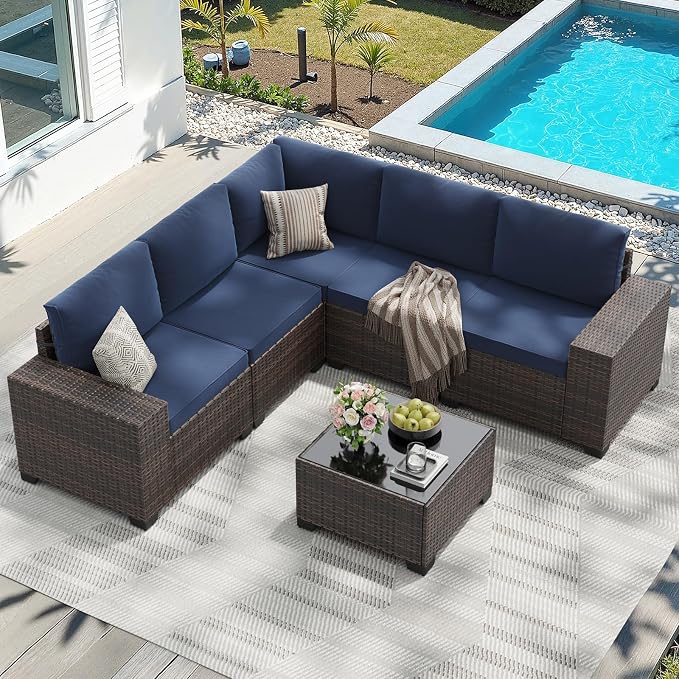 Soohow 6-Piece Patio Furniture Set All-Weather Outdoor Wicker Sectional Conversation Set with Cushion and Glass Table for Garden, Porch, Backyard, Navy Blue Cushions