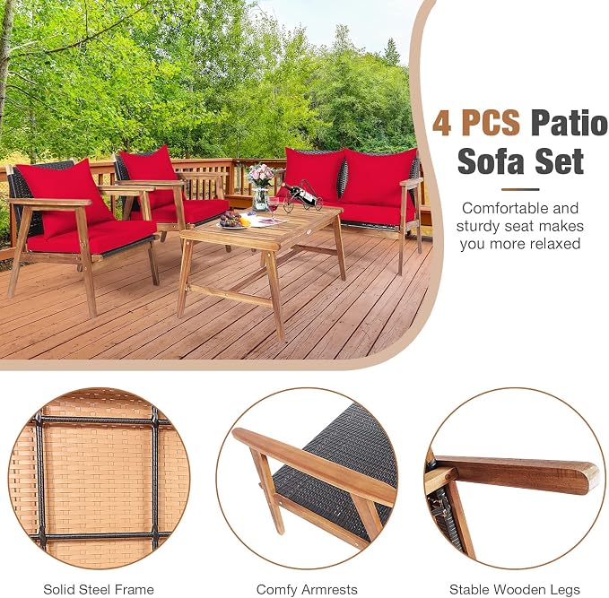 HAPPYGRILL 4PCS Outdoor Rattan Sofa Set Acacia Wood Frame Conversation Set with Coffee Table, Sectional Furniture Set with Cushions for Backyard Porch Garden Poolside Balcony