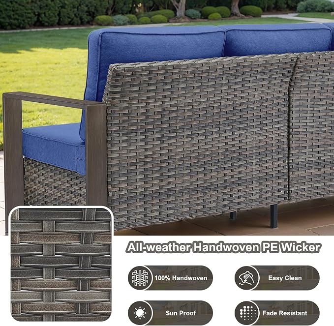 Belord 5 Piece Outdoor Wicker Patio Conversation Furniture Set Deep Seating, Metal Wide Armrests Patio Sofa Set with Rattan Chairs Ottomans for Porch Deck Sunroom Backyard