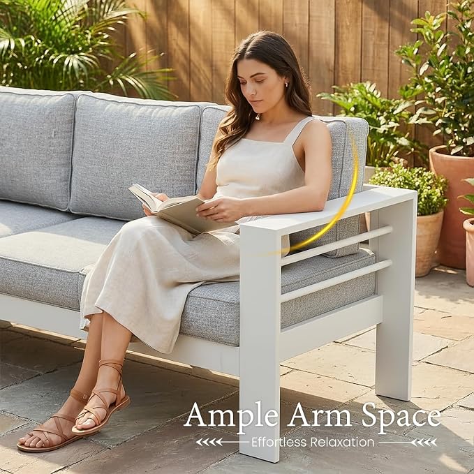 LayinSun Aluminum Furniture Set with Fire Pit Table, 5 Pieces Patio Sectional Conversation Chat Sofa Modern Seating Set