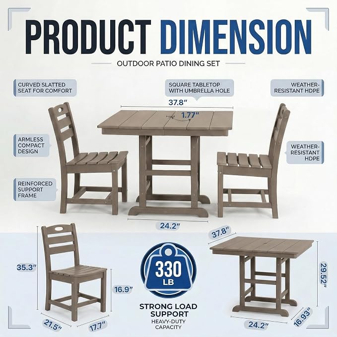 KEIKI 3-Piece HDPE Patio Dining Set Bistro Table Chairs for Small Patio Apartment Casual All-Weather Gazebos Furniture Compact 2-Person Space Saving Easy Setup Rustic Outdoor Living Bistro Set Brown