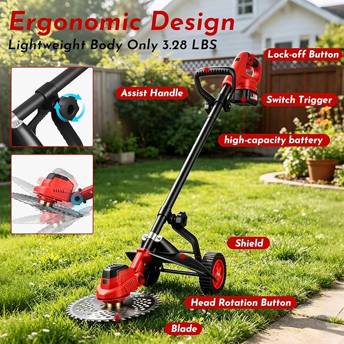 3-in-1 Electric Weed Wacker Cordless, 12″ Brushless Weed Eater Battery Powered with Wheel, 20000 RPM Grass Trimmer/Brush Cutter/String Trimmer, Lawn Mower Edger Weed Trimmer, 6000mAhjong Batteries