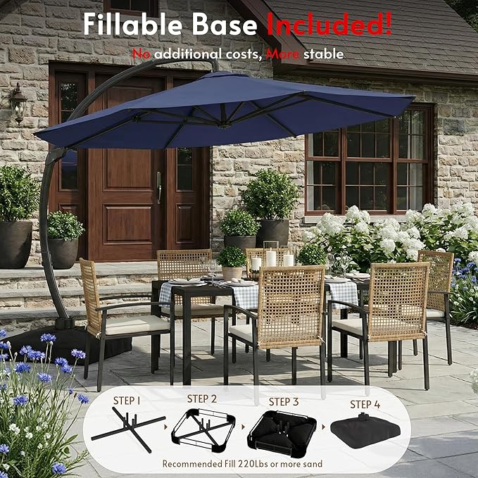 12FT Cantilever Patio Umbrella with Base Included, Large Cantilever umbrella with 360°Rotation, Heavy-Duty Offset Outdoor Umbrella for Patio,Pool,Garden and Backyard (Navy Blue)
