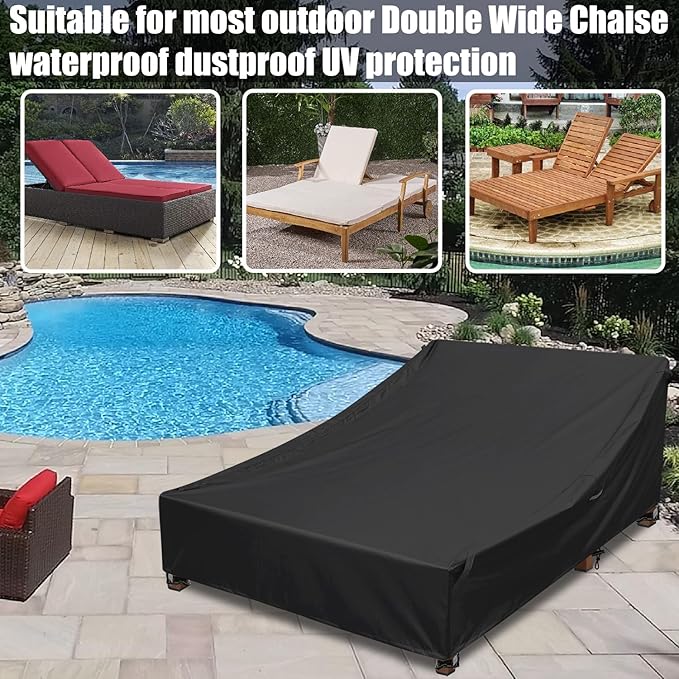 Outdoor Double Chaise Lounge Chair Cover Waterproof Weather-Resistant Polyester Outdoor Furniture Protection Cover 90D x 66W x 36H for Extra Large Patio Double Chaise Loungers & Sunbed Daybed, Black