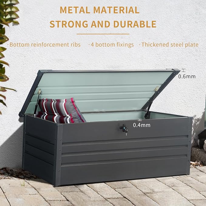 260 Gallon Outdoor Deck Box, Weather Resistant Metal Storage Container with Lockable Lid, Multi-Purpose Patio Storage Bench for Cushions, Garden Tools and Pool Supplies, Carbon Black