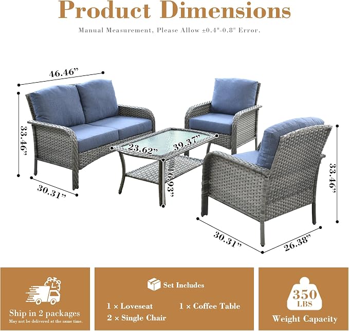 4 Pieces Patio Furniture Set, Small Outdoor Patio Set with Coffee Table, All-Weather Rattan Wicker High Back Conversation Set Loveseat with Chairs for Porch, Backyard, Balcony, Denim Blue