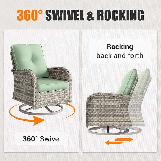 9-Piece Patio Rocking Swivel Chair Outdoor Wicker Rattan Bistro Set with Tempered Glass Side Table, Outdoor Patio Furniture Set for Garden, Deck, and Balcony, Light Green
