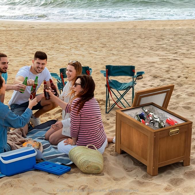 Furinno TIOMAN Outdoor Wooden Cooler Chest, Insulated Ice Chest Storage Box, 25 x 18, for Patio, Garden and Porch, Light Wood