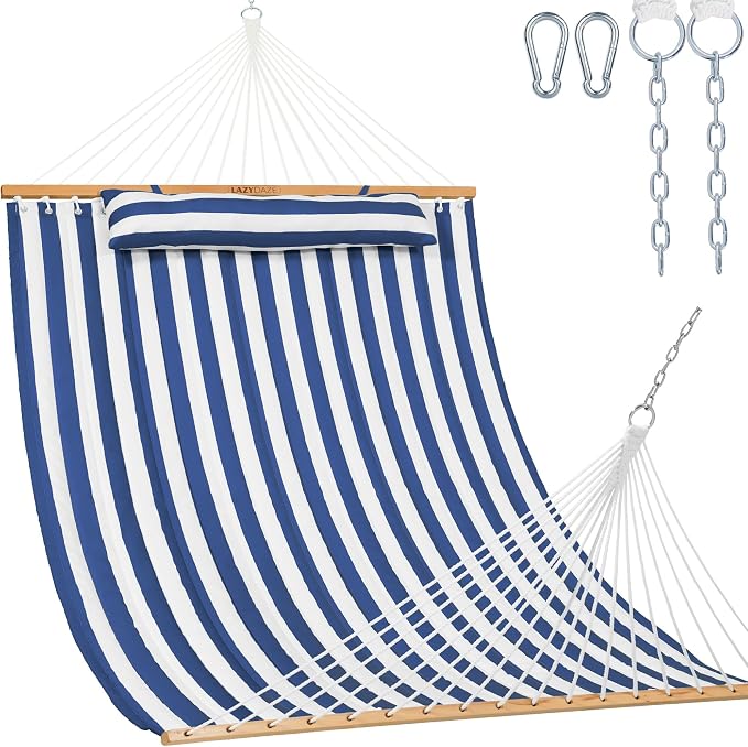 Lazy Daze Hammocks 12FT Quilted Fabric Double Hammock with Spreader Bars and Detachable Pillow, 2 Person, 450lbs Capacity, Blue White
