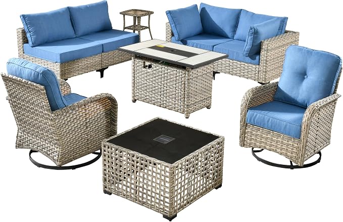 Outdoor Patio Furniture Sets,9 PCS Patio Conversation Set Outside Rattan Sectional Sofa with 42 in Square Fire Pit Table Wicker Rocking Chair Coffee Table Fit Backyard Garden Poolside Balcony