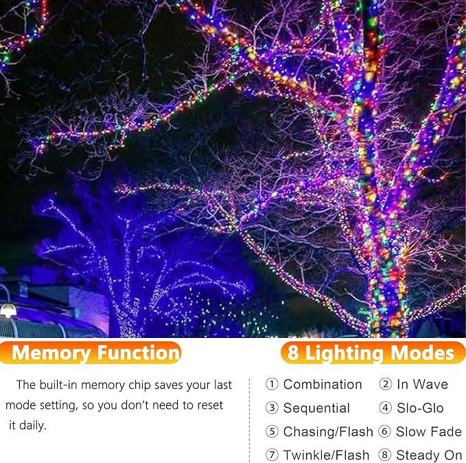 Joomer Solar Fairy Lights, 4Pack Total 104FT 320LED Lights, Multicolor | Silver Wire, Solar String Light Waterproof 8 Lighting Modes for Patio Fence Party Garden Yard Home Outdoor Decoration