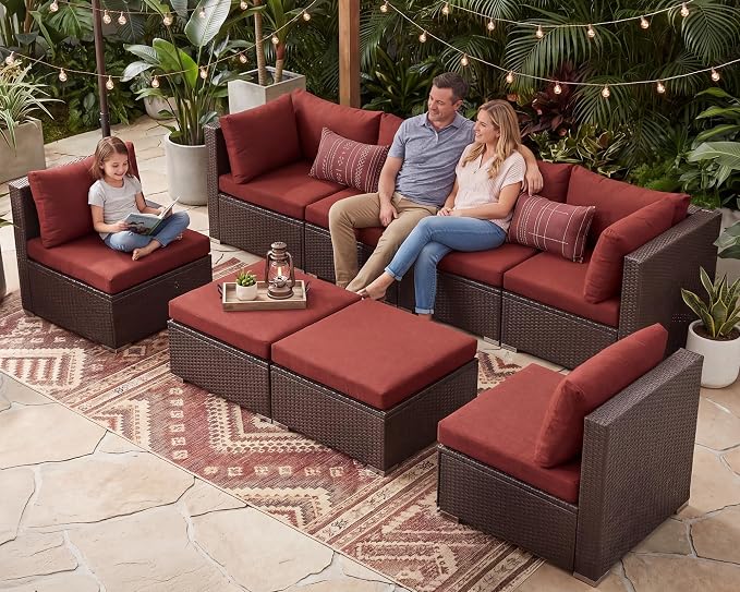 NICESOUL 29.3'' High Back Wicker Patio Furniture Set for 8 Person, Extra Big Outdoor Modular Sectional with Ottoman, Deep Seated Relax Conversation Sets for Backyard Deck, Brown and Red