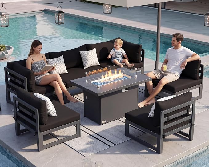RADIATA 7 Piece Luxury Aluminum Outdoor Sectional Sofa with Fire Pit Table, Oversized L Shaped Patio Furniture Set, 29" Deep Wide Seating, 500 lbs Heavy Duty Conversation Set for Backyard Deck, Black