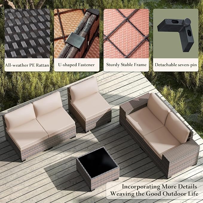 16 PCS Outdoor Patio Furniture Set,Outdoor Sectional Furniture with 45" 55000 BTU Gas Propane Fire Pit Table,All Weather PE Rattan Wicker Patio Conversation Set,Swivel Rocking Chairs Set,Sand