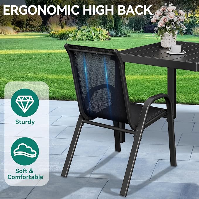 YITAHOME Stackable Patio Dining Set for 8, Breathable Outdoor Dining Set w/75 Aluminum Patio Table & 8 Stackable Patio Chairs Set, All Weather Outdoor Patio Dining Set for Backyard Deck Porch, Black