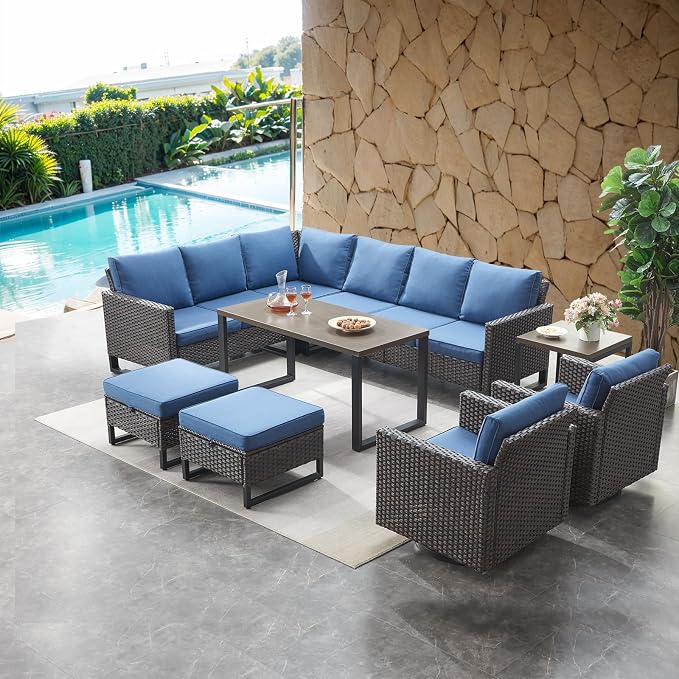 HUMMUH 10 Piece Patio Furniture Set PE Wicker 3 Outdoor Sectional Sofa Set with Patio Swivel Chairs Dinning Table Ottomans for Porch,Garden,Backyard,Deck(Brown/Blue)