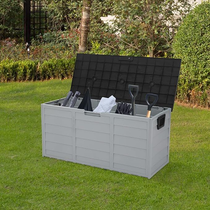 HomVent 75 Gallon Resin Deck Storage Box, Waterproof Outdoor Garden Deck Bin Patio Storage Deck Box with 2 Wheels, Outdoor Storage Container Furniture for Patio, Pool, Garden, Garage (Black)
