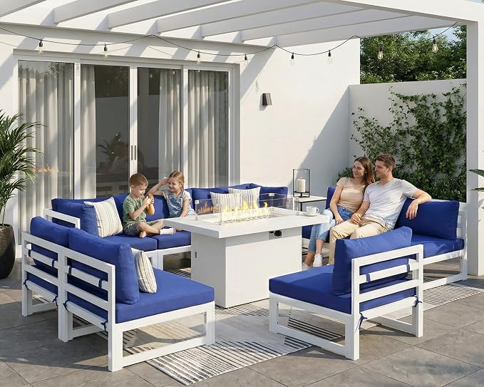 NICESOUL 9 Pcs Large Modern Aluminum Outdoor Sitting with Fire Pit Table, 29" Deep Wide Seater, 500 lbs Durable Sectional Sofa for Heavy People, All-Weather Patio Furniture Set for Backyard, Navy Blue