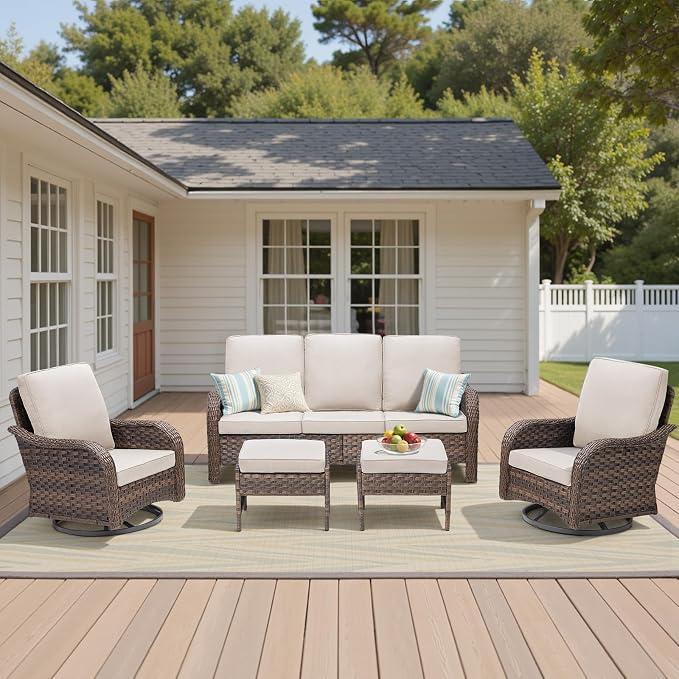 5 PCS Patio Furniture Set, Outdoor Wicker Sofa & 2 Swivel Rocking Chairs with 2 Ottomans, 4-Inch Thick Olefin Cushions, 300 lbs Capacity Rattan Conversation Set for Porch, Backyard, Beige
