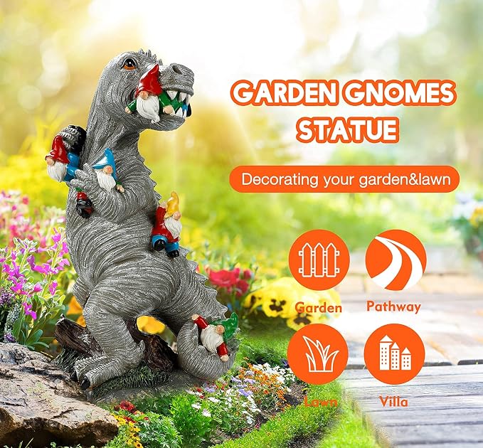 Himaweek Garden Statue Outdoor Decoration, Weatherproof 14” Dinosaur Garden Gnome, Indoor Outdoor Décor Garden Art for Patio Lawn Yard, Gardening Gift for Homeowners