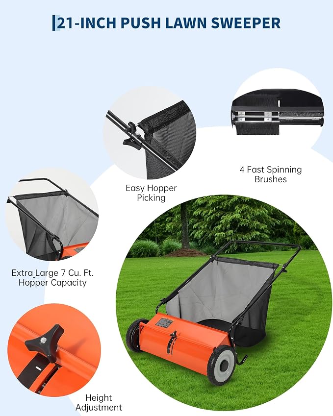 21-Inch Push Lawn Sweeper, 3.5 Cu. Ft. Hopper Capacity Leaf & Grass Collector with 4 Spinning Brushes, Adjustable Height, for Grass Clippings, Leaves & Debris, Orange