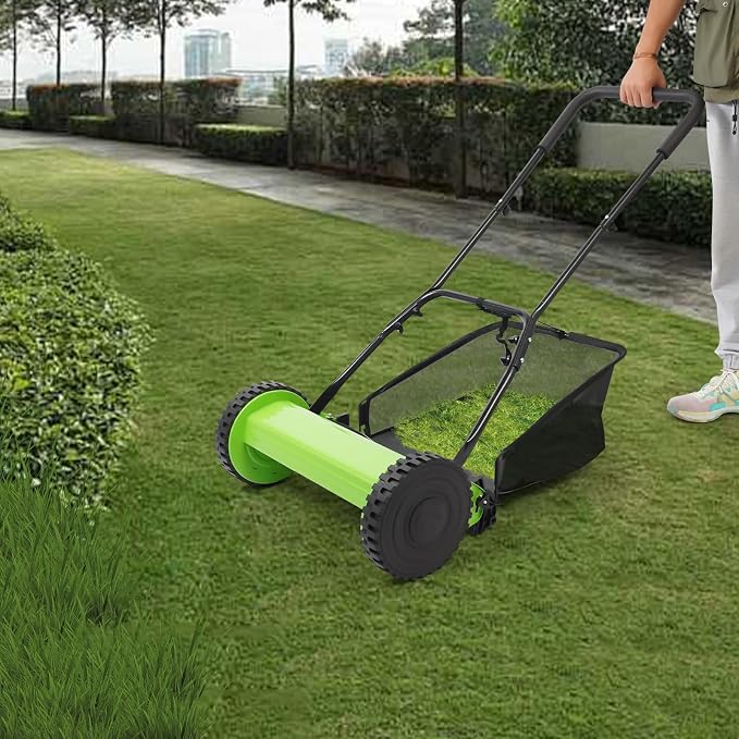 Push Reel Lawn Mower 15.75-Inch Manual with Adjustable Height and Grass Catcher for Small Medium Lawns Yards Home Use