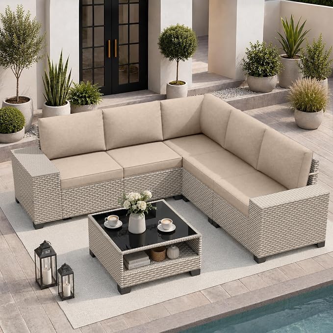 6-Piece Outdoor Patio Furniture Set, Modular Sectional Sofa Set with Glass Coffee Table and Cushions, Wicker Outdoor Couch Conversation Sets, Khaki