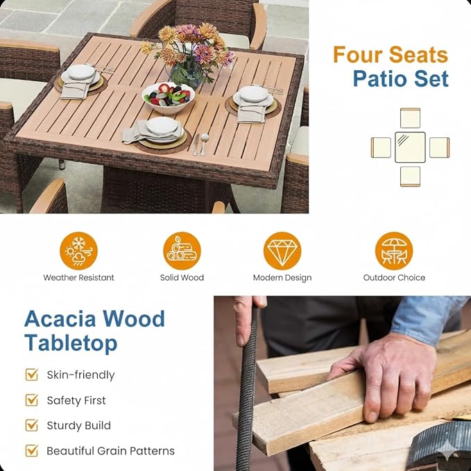 5-Piece Rattan Patio Dining Set with Acacia Wood Table 4 Armchairs and Cushions All-Weather Brown Wicker Outdoor Furniture Set for Backyard Deck Garden 35.4" Square Table