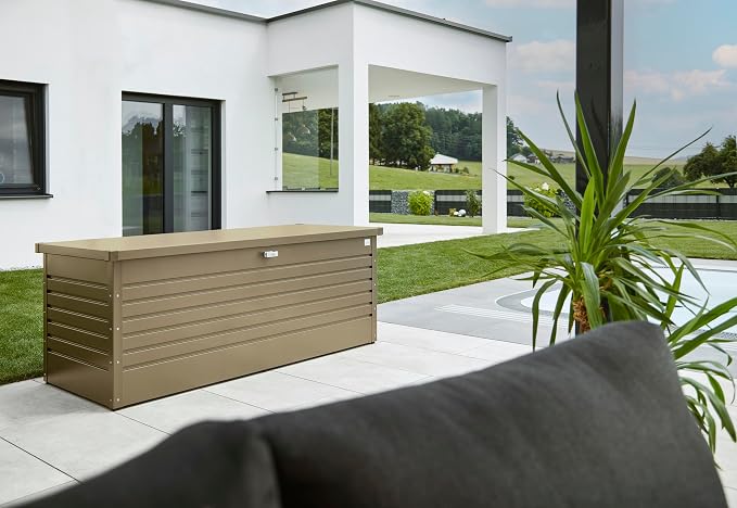 Biohort LeisureTime 210 Gallon Metal Deck Box, Bronze | 71 L x 31 W x 27.9 H, Durable Large Outdoor Storage, Locking, Waterproof, Soft Close, Tools, Cushions, Pool, 20 Year Warranty